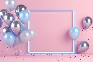 Pastel balloons and confetti around a glowing square frame
