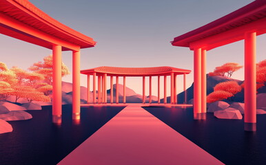 a winding covered corridor with red pillars