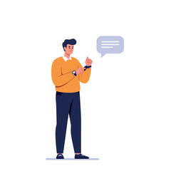 Young man checking smartwatch with message notification in casual outfit flat design vector illustration