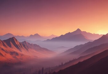 Obraz premium Misty mountains bathed in ombre sunset, sky gradient , nature, orange, landscape