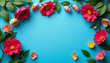 A top view of pink and red flowers with green leaves arranged on a light blue background forming a frame