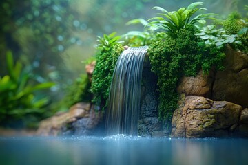 Miniature waterfall cascading over mossy rocks in a lush, tropical scene.