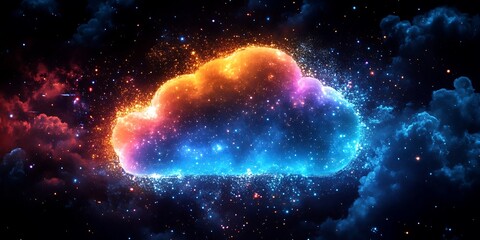 Obraz premium Celestial Cloudscape: A radiant, luminous cloud formation, bathed in an array of cosmic colors, floats serenely amidst a star-studded nebula. evoking a sense of wonder and technological innovation.
