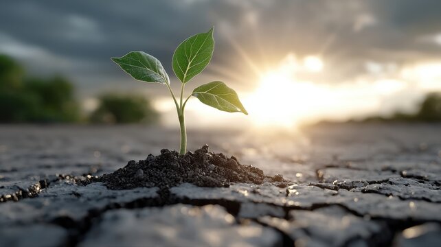 Green seedling grows in cracked soil under dramatic sky and sunlight, symbolizing hope and growth.
