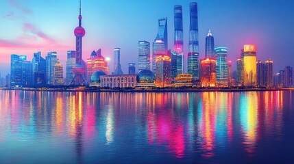 Naklejka premium Shanghai Cityscape at Night with Vibrant Reflections on the Water