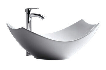 Bathroom sink with modern faucet, isolated object on white background, top front angle, minimalist design, clean shadow, product display layout, side copy space