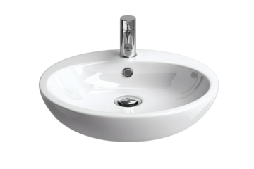 Bathroom sink with modern faucet, isolated object on white background, top front angle, minimalist design, clean shadow, product display layout, side copy space