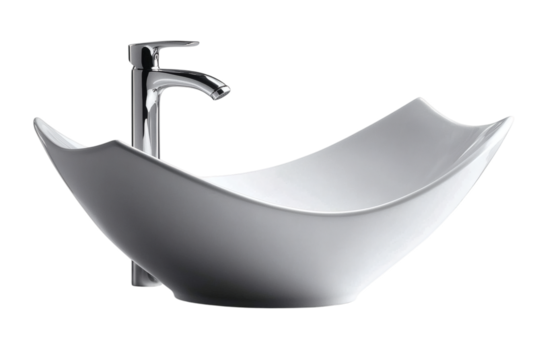 Bathroom sink with modern faucet, isolated object on white background, top front angle, minimalist design, clean shadow, product display layout, side copy space