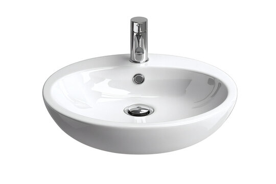 Bathroom sink with modern faucet, isolated object on white background, top front angle, minimalist design, clean shadow, product display layout, side copy space