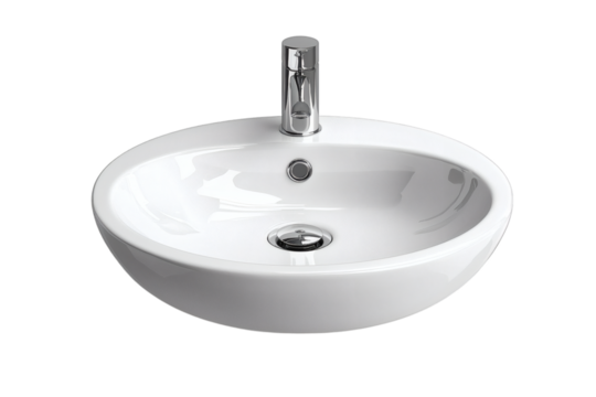 Bathroom sink with modern faucet, isolated object on white background, top front angle, minimalist design, clean shadow, product display layout, side copy space