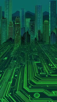 sprawling digital circuit board weaves seamlessly sleek urban skyline. glimmering neon green electric blue gradients fluid circuits, gears, modern skyscrapers technology agile business practices