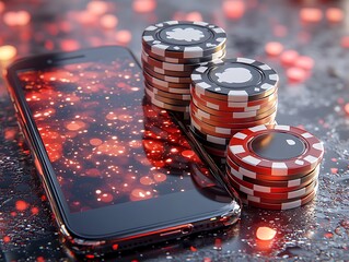 Online Gamble: A smartphone illuminates a vibrant casino scene, with poker chips stacked beside it, inviting users to an immersive world of digital gaming.