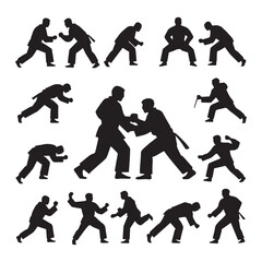 Vector set 20 silhouettes judoist judoka fighter in duel fight judo sport Martial  white Background.