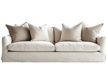 Modern sofa with throw pillows, isolated on white background, cozy and stylish home furniture, soft shadows, product showcase, side copy space