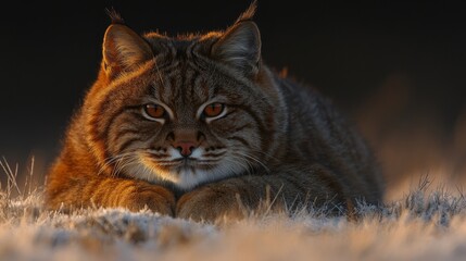 Serene lynx portrait amidst frosted blades a closeup focusing on its facial features conveying quietude and natural beauty of wild creatures