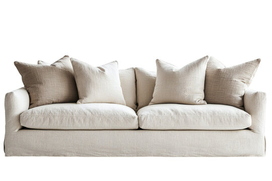 Modern sofa with throw pillows, isolated on white background, cozy and stylish home furniture, soft shadows, product showcase, side copy space
