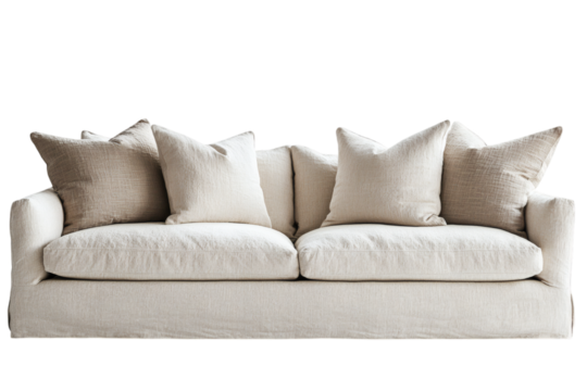 Modern sofa with throw pillows, isolated on white background, cozy and stylish home furniture, soft shadows, product showcase, side copy space