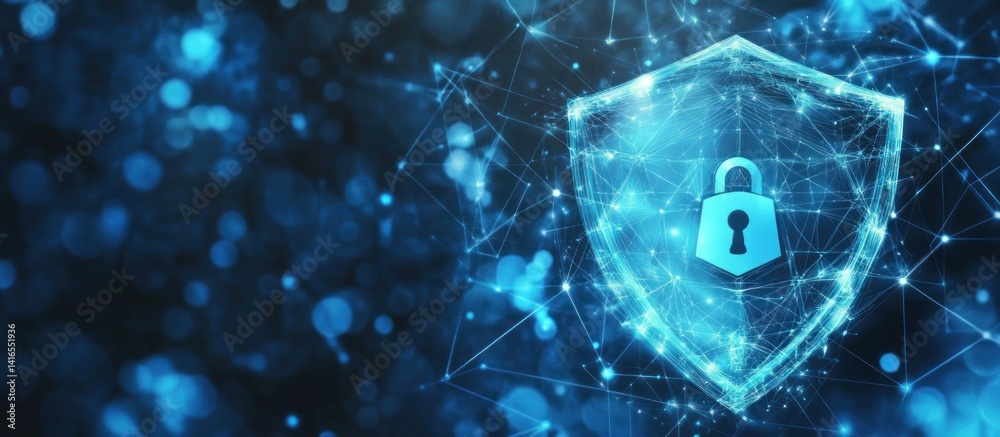 Poster digital security shield guarding against cyber threats with intricate network connections and a secu