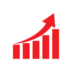 Red bar graph showing upward growth and a sharply rising indicator arrow symbolizes financial success and positive market trends isolated on a clean.