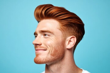 Obraz premium Artwork design of style for aging men. A classic studio photography session capturing masculinity. Classy men's low fade haircut - midlife white man with red hair. Blue solid background.