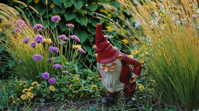 Whimsical garden gnome amidst colorful flowers, captured at eye level. The video style evokes a playful, serene garden atmosphere.