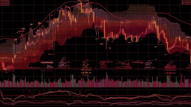 An intricate candlestick chart displaying stock market trends overlays of technical indicators MACD, Fibonacci retracement levels, volume bars. professional color scheme clear annotations