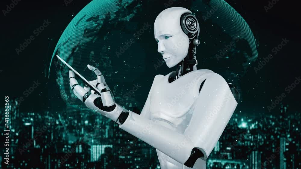 Poster robot hominoid use mobile phone or tablet for global network connection using ai thinking brain , ar