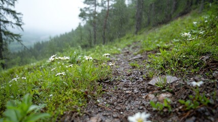 Obraz premium Serene hiking trail lush greenery wildflowers misty mountain path nature photography