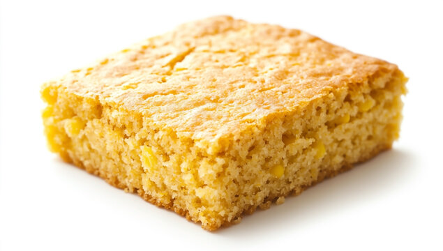 Square cornbread slices on white background - close-up, baked, golden brown