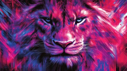 Vibrant kingly portrait emerges in strokes of fuchsia indigo animalistic power captured through digital artistry unique and majestic beast design