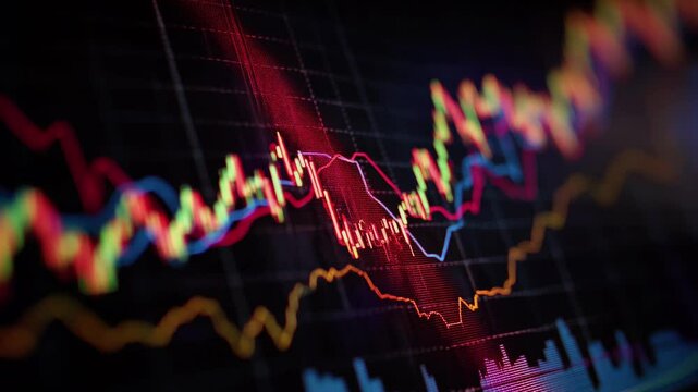 An intricate candlestick chart displaying stock market trends overlays of technical indicators MACD, Fibonacci retracement levels, volume bars. professional color scheme clear annotations