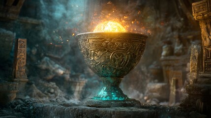 Glowing orb in ancient temple chalice
