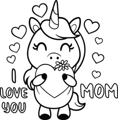 Cute Unicorn I Love You Mom Coloring Page for Mother’s Day Gifts

