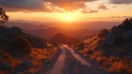 Path to the Horizon: The sun dips below the horizon, casting a warm glow over a scenic mountain landscape, while a winding road guides the eye towards the distant peaks, inviting exploration.