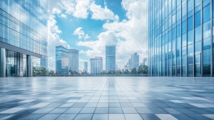 Fototapeta premium urban landscape revealing a skyline of modern skyscrapers reflecting a blue sky with fluffy clouds viewed from a polished tiled square offering spacious architectural perspective