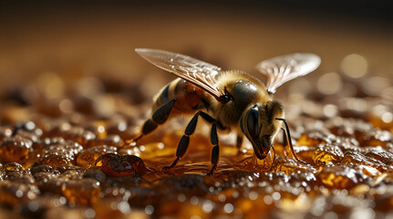 close-up of a bee on a honey, bee doing honey, bee in beehive, close-up of bee doing honey in beehive, honey background, bee wallpaper,generative.ai