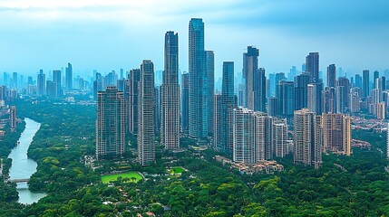 Obraz premium Urban Skyline: A stunning cityscape showcasing towering skyscrapers and modern architecture, framed against a backdrop of a vibrant green environment.