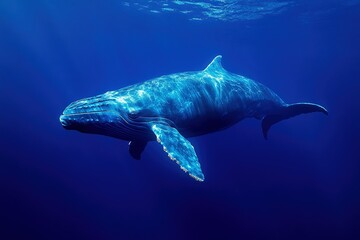 Fototapeta premium A vibrant blue whale swimming through the deep blue ocean, its massive body visible