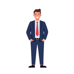 Obraz premium Smiling young businessman in navy suit with red tie standing confidently flat design vector illustration