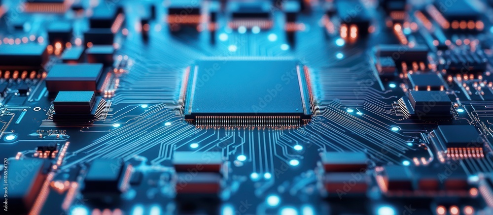 Poster detailed macro visualization of a computer chip featuring a central processor unit with intricate ci