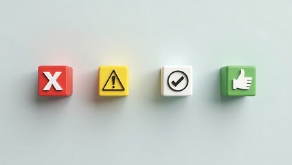 Obraz premium Colorful Cubes with X, Warning Sign, Checkmark, and Thumbs-Up on Pastel Background