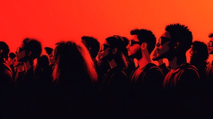 Fototapeta premium Silhouetted group of diverse people wearing sunglasses against a vibrant red background, creating a modern and artistic scene