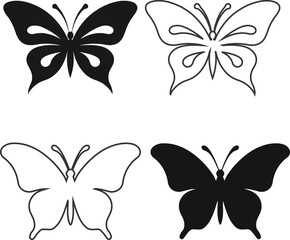 Obraz premium Set of butterfly silhouettes and outlines in black and white vector illustration 