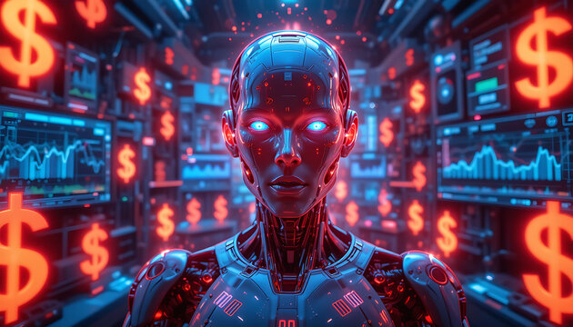 Robot Trading Financial Data with Glowing Symbols and Blue Neon Charts