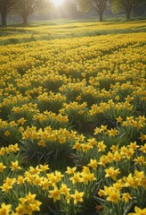 Obraz premium A carpet of cheerful yellow daffodils blankets a verdant field bathed in sunlight , high resolution, botanical