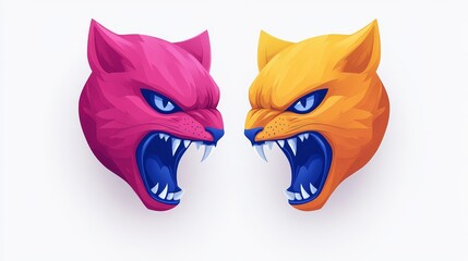 Fototapeta premium Pixelated feline fury pink and orange heads clash, digital art with vibrant color contrast and pixel aesthetic design, intense expression and dynamic composition