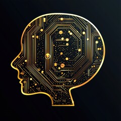 Golden Brain Circuit: Silhouette of a Head Encapsulating Artificial Intelligence