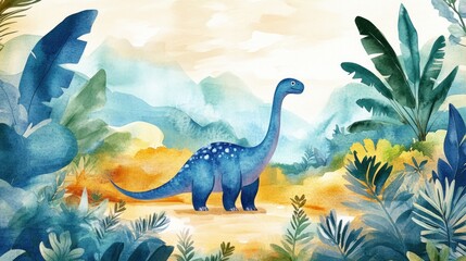 Naklejka premium Dinosaur in a lush prehistoric landscape