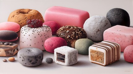 A delectable still life showcases an assortment of colorful pastries and confectionery delights artfully arranged on a neutral background.