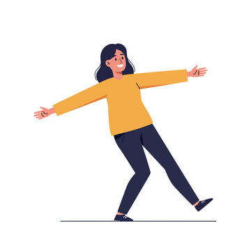 Young woman balancing on one foot with arms outstretched wearing casual clothes flat design vector illustration
